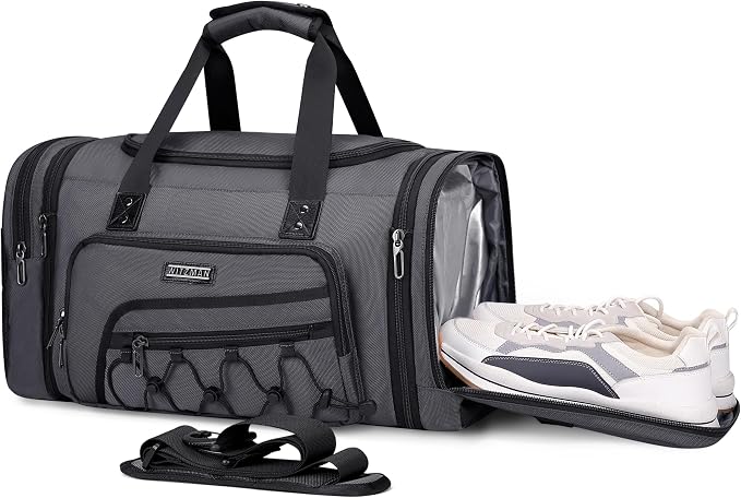 WITZMAN Mens Duffle Bag Expandable 50L Travel Gym with Shoe Compartment | Nylon, Large, With Dry-wet Pocket, Fits 16" Laptop, Carry-on Bag, For Sports Weekender Overnight, B695 Silvery Grey by WITZMAN