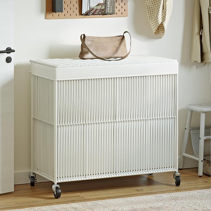 WOWLIVE Laundry Basket 3 Section, Handwoven Laundry Hamper with Wheels | Rolling Clothes Hamper with Lid and Divided Removable Bag, 160L Large Laundry Sorter, Laundry Room Organization, Creamy White - Image 3