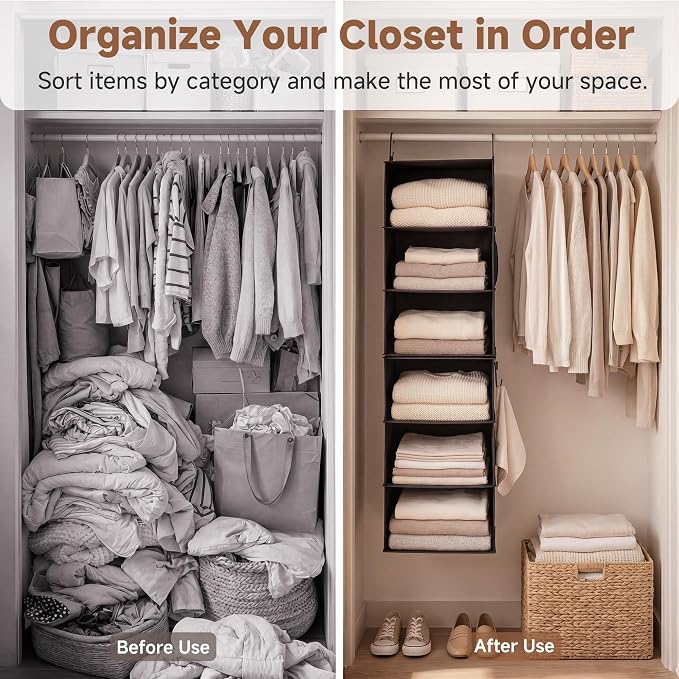 StorageWorks Hanging Closet Organizer 6-Shelf, Separable Two 3 Shelf Closet Storage Organizer with Side Pockets, Portable Hanging Shelves for Clothes, Sweater,12 1⁄2" D x 12 1⁄2" W x 47 ¼"H, Black - Image 5