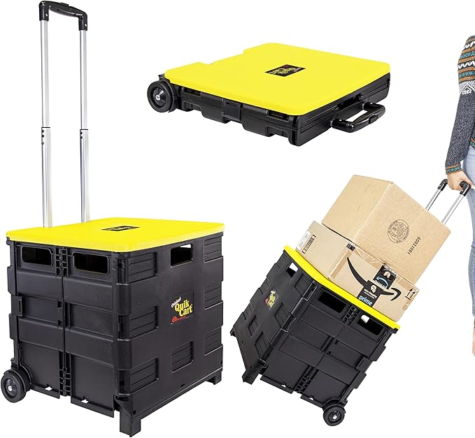 dbest Products Quik Cart Standard Collapsible Rolling Crate - Yellow Lid | with Wheels, Roll Up to 80 lbs Capacity, Heavy Duty Plastic Construction, Telescoping Handle, Foldable Utility Cart by dbestproductsInc