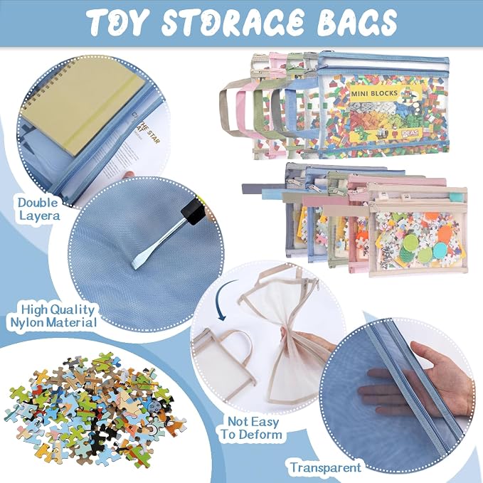 Colored Mesh Zipper Pouch Bags, 5 Pcs A4 & 5 Pcs A5 Double-Layer Toy Storage Bags With Zipper, Nylon Board Game Storage, Breathable See Through Pouch With Handle Pocket For School Office Games - Image 2
