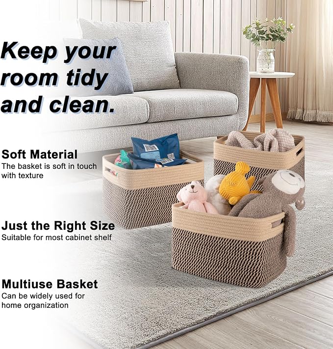 4 Pack Storage Baskets for Organizing, Woven Baskets for Shelves - Perfect for Toys, Books, Towels, and Clothes, Durable Gift Basket Bins Toy Storage, 12.7''L x9''W x7.8''H, Black and Brown - Image 3