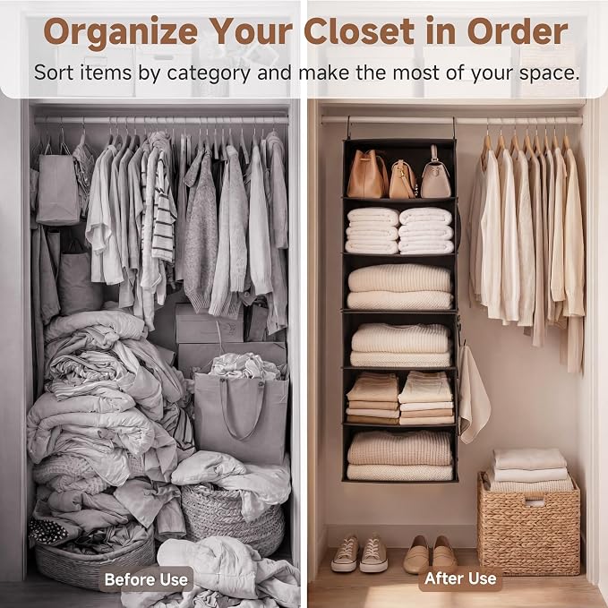 StorageWorks Hanging Closet Organizer 6-Shelf, Jumbo Separable Two 3 Shelf Closet Storage Organizer with Side Pockets, Portable Hanging Shelves for Wardrobe, RVs, 13 "D x 15 "W x 47 ¼"H, Black - Image 4