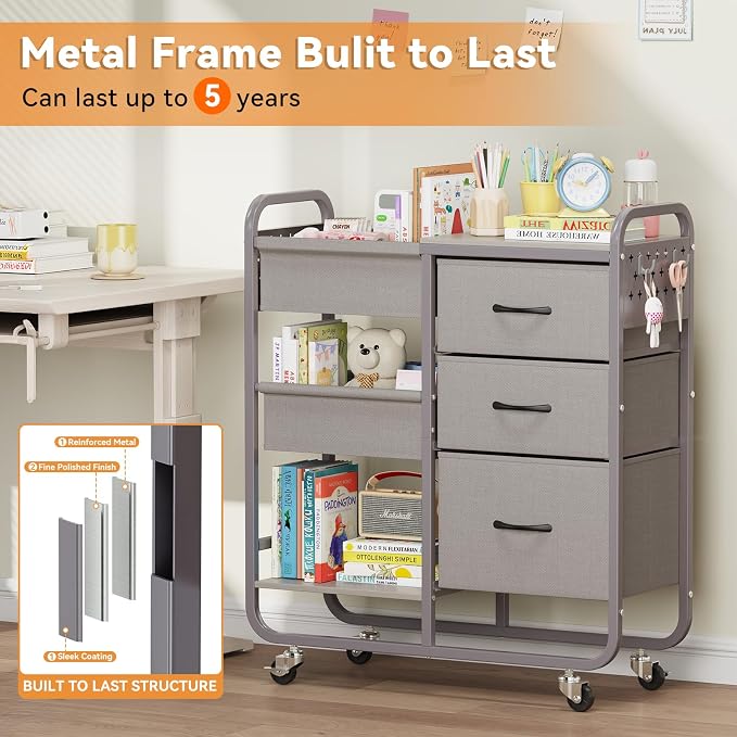 KINGRACK Baby Diaper Caddy Organizer and Storage Cart with Cloth Drawers | 3 Tier Metal Rolling Cart, 2-in-1 Large Capacity Mobile Utility Cart for Nursery, Bedroom, Changing Table & Crib - Image 3