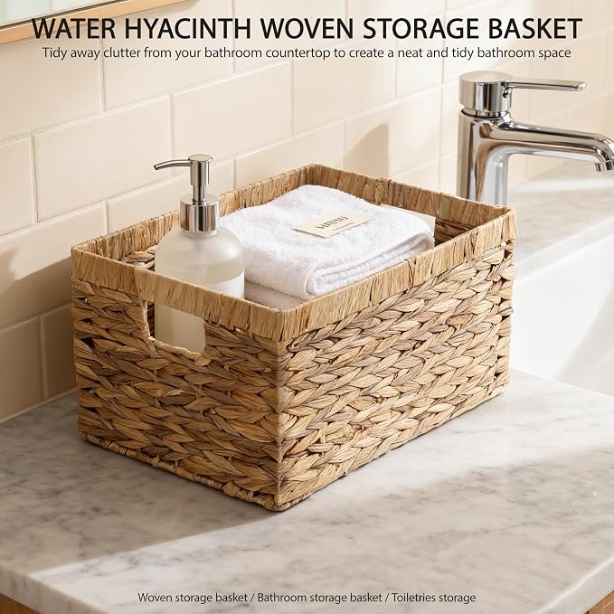 Woven Natural Water hyacinth Rectangular Storage Baskets with inside Handle,Kingwillow(Large) | Rustic decor, with handles, brown‑tan tone, for shelves, bathroom, kitchen, entryway, office files, pet toys - Image 2