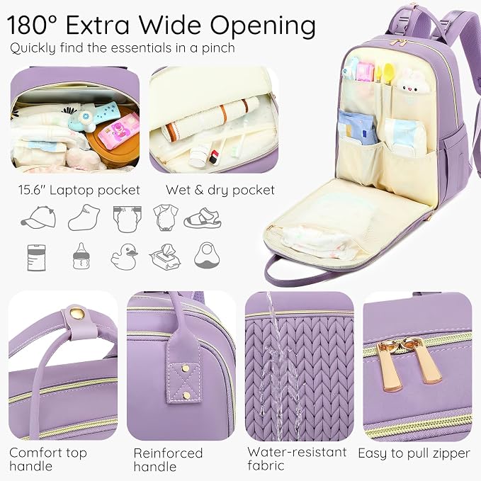 AIJIEKE Diaper Bag Backpack, Large Multi-functional Diaper Backpack, Purple | Waterproof lightweight baby backpack. With changing pad, stroller straps, insulated & wet/dry pocket. Mom & dad essential - Image 4