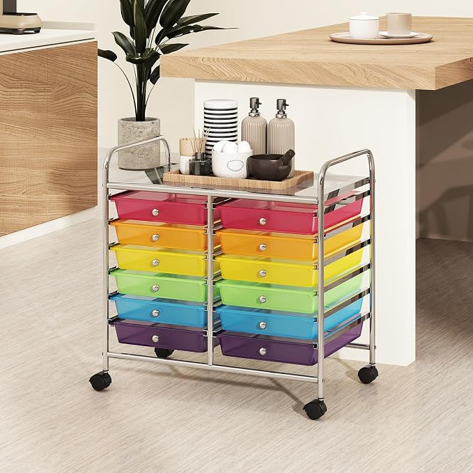 RELAX4LIFE 12-Drawer Rolling Storage Cart - Mobile Utility Cart on Wheels for School Classroom Teacher Office Salon, Paper File Art Supply Craft Organizer, Rolling Cart with Drawers (Rainbow) - Image 8