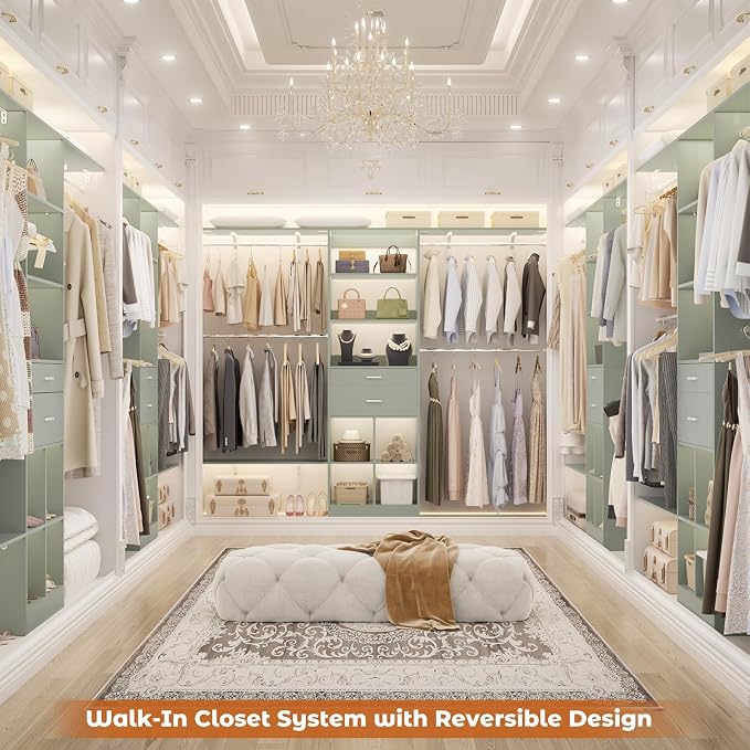 Besiost Closet System - 8FT Closet Organizer System with Wooden Drawers, 96" Closet Systems for Walk-In Closets with Cuttable Hanging Shelving, Green - Image 2