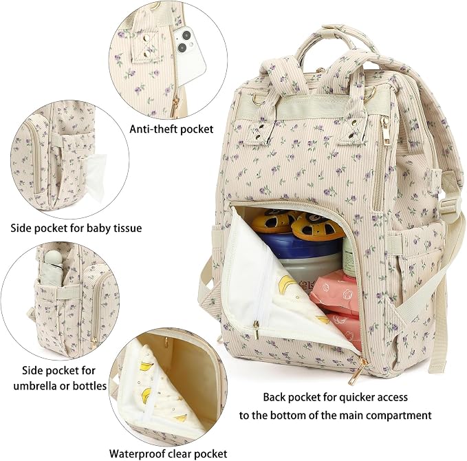Corduroy Diaper Bag Backpack for Baby Girls Boys, Women Large Nappy Bags for Mom (Beige Corduroy Floral Purple) - Image 4