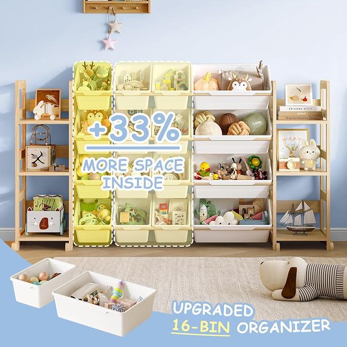 EXPERLAM Extra Large Toy Storage - Toy Storage Organizer, Wooden Toy Organizer with 6 Side Shelves and 16 Bins, 3-in-1 Bookshelf for Kids Rooms, Playroom, Nursery, White - Image 6