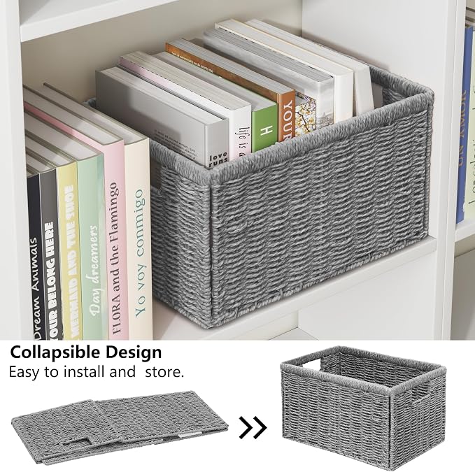 2 Packs Large Wicker Storage Basket, Closet Storage Baskets Bins for Shelves, Decorative Collapsible Baskets for Organizing Clothes Toy Nursery Bathroom Organizers and Storage, Grey - Image 3