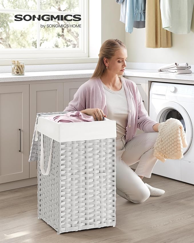 SONGMICS Laundry Hamper with Lid, 17.2 Gallon (65 L) Synthetic Rattan Clothes Laundry Basket with Lid and Handles, Foldable, Removable Liner, Cloud White ULCB165W01 | Clothes Laundry Basket with Handles, Removable Liner, Cloud White, ELIOTT Collection ... - Image 2