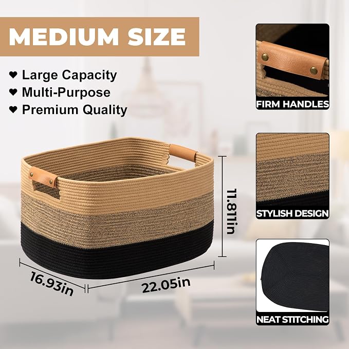 Large Blanket Basket for Living Room,72 L Rectangle Toy Storage Basket for Nursery Room, Woven Rope Storage Box with Leather Handle, 22’’*17’’*11.8’’, Gradient Linen - Image 3