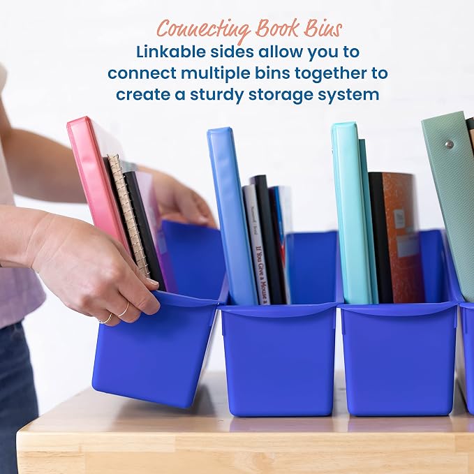 ECR4Kids Linking Plastic Storage Book Bin, Multipurpose Organization, Blue, 10-Piece | Durable plastic with built-in handles, interlocking, nestable, ideal for books, magazines, and files in a classroom or office - Image 3