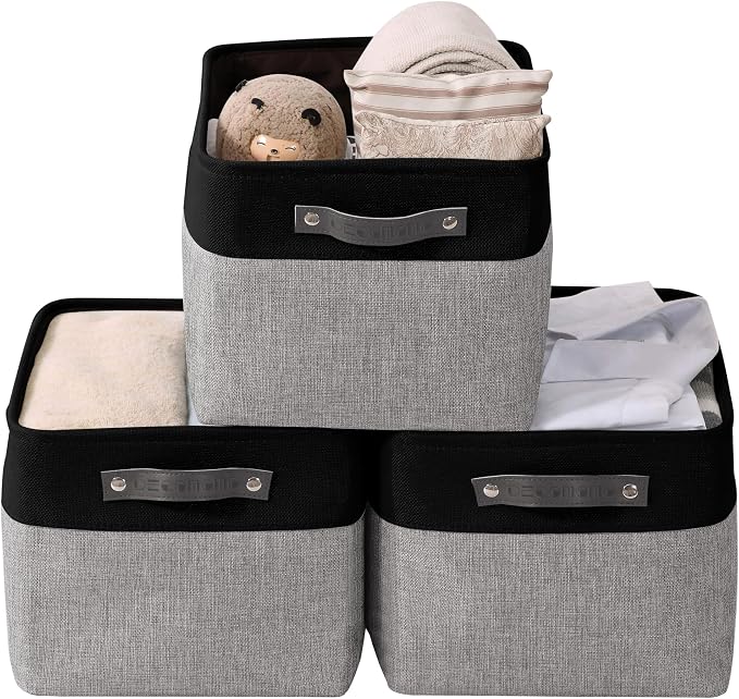 DECOMOMO Storage Bins, Large Fabric Storage Baskets for Shelves 3 Pack | 15 x 11 x 9.5 inches Decorative Linen Closet Organizers (Grey & Black) by DECOMOMO