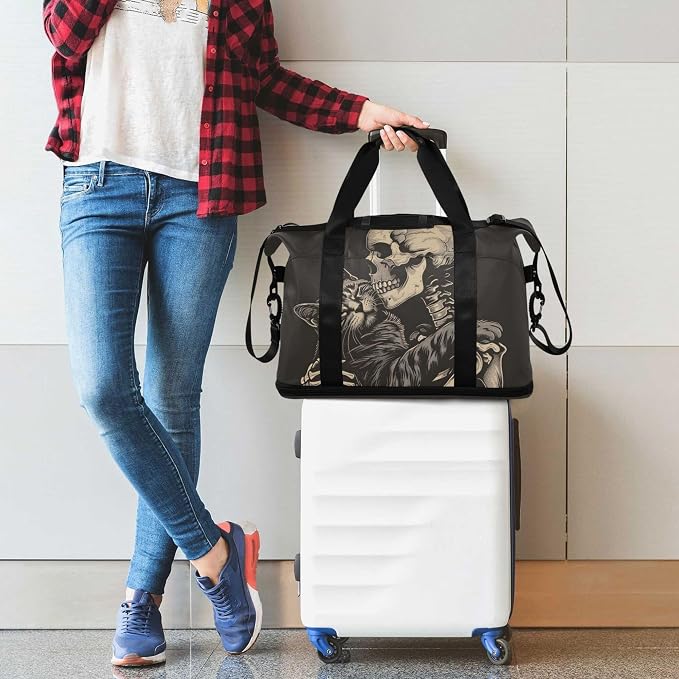 Travel Duffel Tote Bag Cat Snuggled Human Skeletal Skull Sports Duffel Bag with Wet Pocket Weekender Overnight Bag for Women Men Gym Bag, Carry On Bag Hospital Bag for Labor and Delivery - Image 3