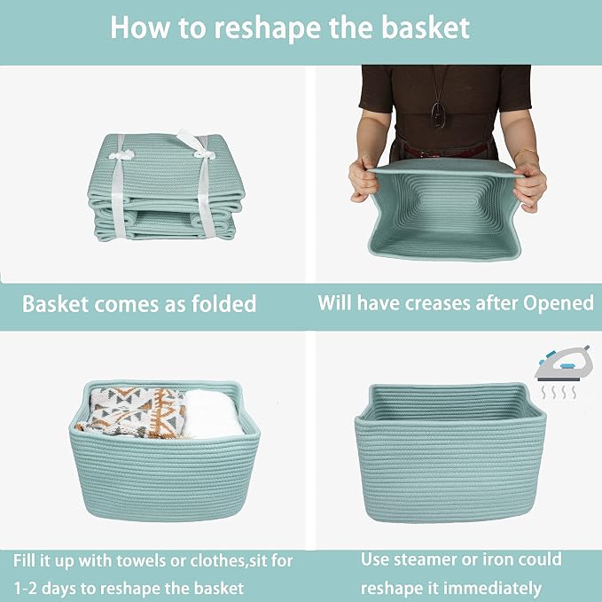 XUANGUO Woven Cotton Rope Storage Baskets 15x10x9.3" 3 Pack Green | Decorative rectangular storage baskets for shelves and closets; storage bins organize clothes, toys, books and nursery items. - Image 7