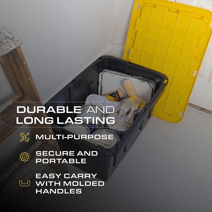 CX Heavy Duty 27-Gallon Stackable Plastic Storage Bins with Lids, 4 Pack | Storage totes for garage organization, Stackable containers, weather-resistant, snap lid, 14.3H x 20.6W x 30.6D, Black/Yellow - Image 5