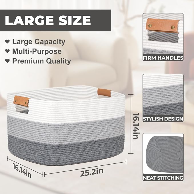 Large Woven Basket 25’’*16’’*16’’ 108L Woven Baskets for storage Baby Laundry Hamper, Cotton Rope Boho Decorative Storage Bin for Living Room, Nursery, Clothes, Pillows Gradient Grey - Image 2