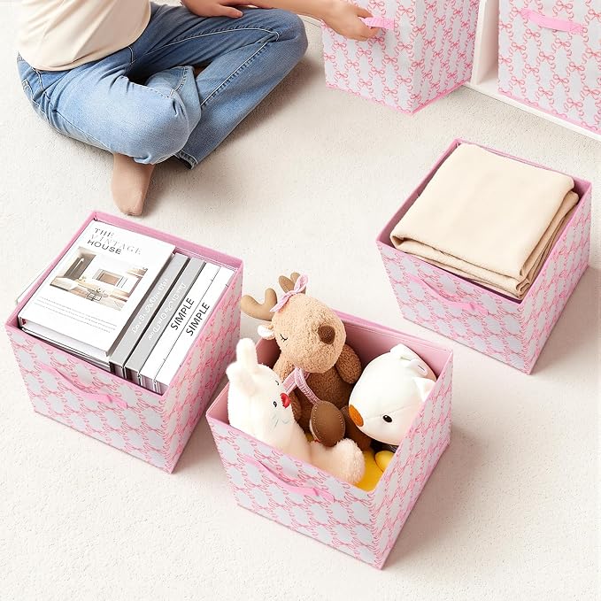 6 Pcs Pink Bow Cube Storage Bins 12.5 Inch Storage Basket with Handle, Cute Girls Organizer Basket, Collapsible Fabric Box for Classroom Bedrooms Office Home Decoration (Bow) - Image 5