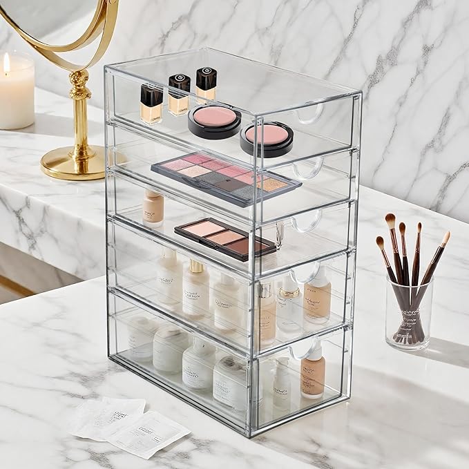 Prsildan Hair Accessories Organizer Acrylic Drawer with 5 Small Drawers | Clear, For Bathroom Vanity Office Desk, Jewelry Makeup Storage - Image 2