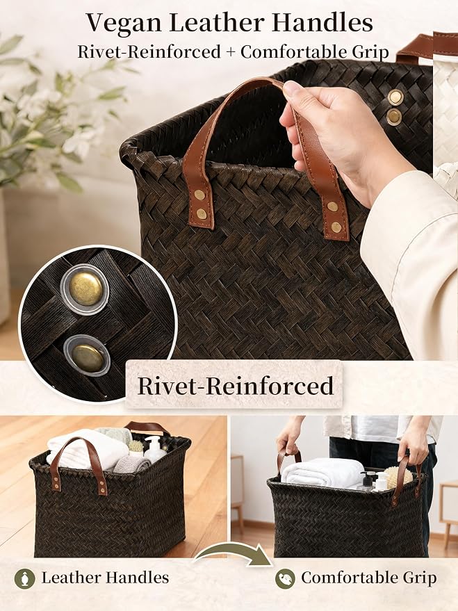 Wicker Storage Baskets, 4 Pack Woven Baskets for Shelves, Dark Gold | PP Rattan, Water-resistant Wicker Basket, Large Baskets with Faux Leather Handles for Blanket, Laundry Organizer, Room Decor - Image 6
