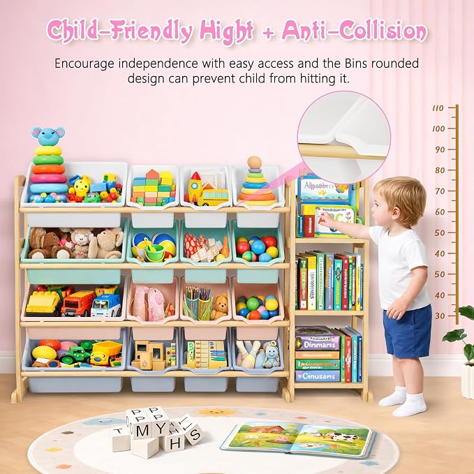 Kids Toy Storage Organizer with Bookshelf – Wooden Shelf with 16 Bins & 3 Shelves, Quick Assembly Storage Rack for Playroom, Bedroom, Nursery– Colorful - Image 4