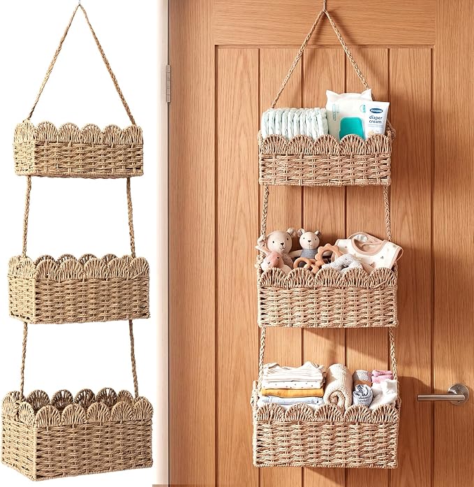 Qunclay Over The Door Hanging Basket 3-tier Decorative Hanging Nursery Baskets Large Baby Diaper Caddy Wall Mounted Woven Organizer for Home Bedroom Living Room Baby Shower Gifts by Qunclay
