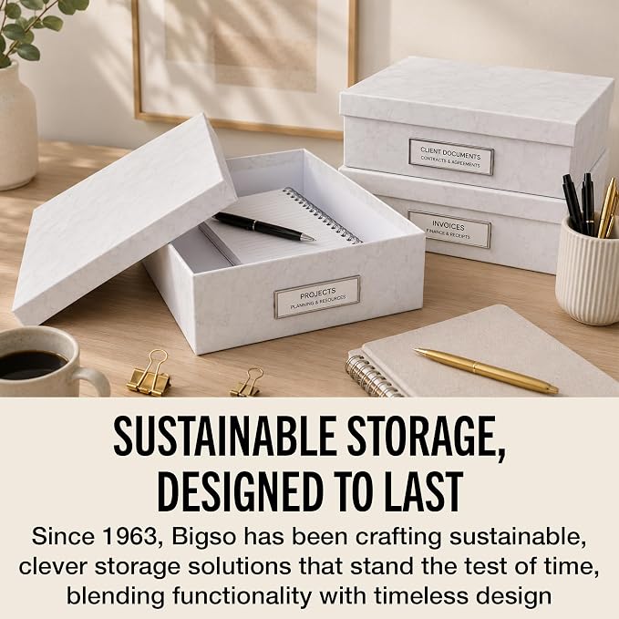 Bigso Oskar Fiberboard Label Frame Document Letter Box for Important Paperwork A4 or Letter Size - Durable Keepsake Box with Lid and Metal Label Holder - 3.3in x 10.2in x 13.8in - Marble - Image 7