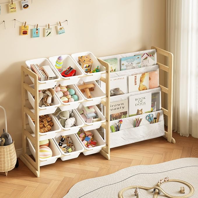 EXPERLAM Toy Storage Organizer with Bookshelf, Kids Toy Organizer and Storage Shelf with 12 White Bins, Solid Pine Wood Book Rack for Playroom, Nursery, Kids Room, Toys and Books - Image 9