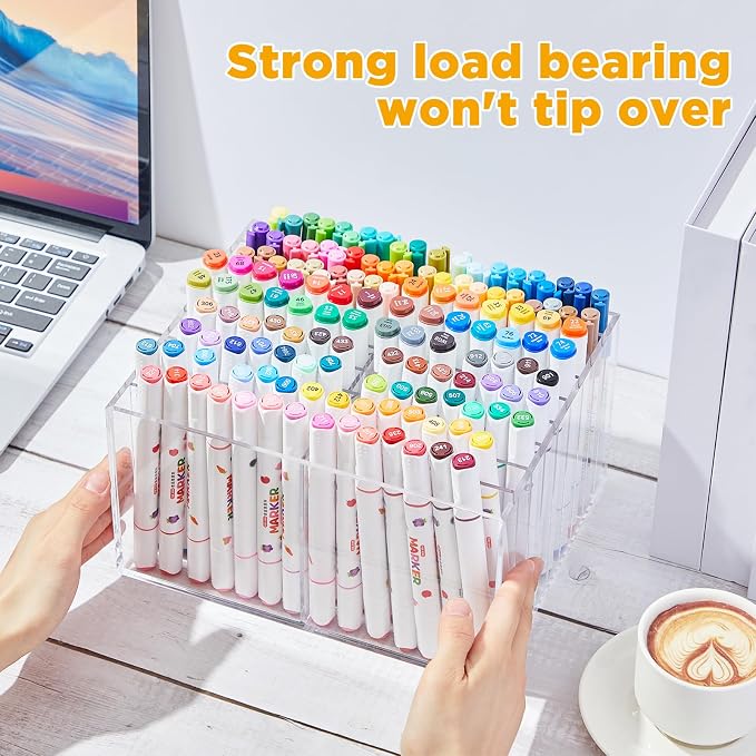 MotiMind Acrylic Marker Organizer for 126 Marker, Large Art Pencil Holder Storage Rack for Desk, Pens Art Brushes Display Stand with 18 Compartments for Desktop, Office (clear, 126 Capacity) - Image 5