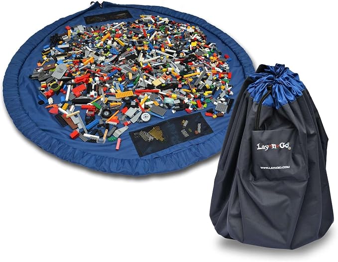 Lay-n-Go Layflat Portable Drawstring Cinch Storage Toy & Mini Figures Organizer & Play Mat, Mesh Pockets, Home & Travel, Kids & Toddlers Playdates, 2 Straps for Backpack, Durable, Machine Washable by Lay-n-Go