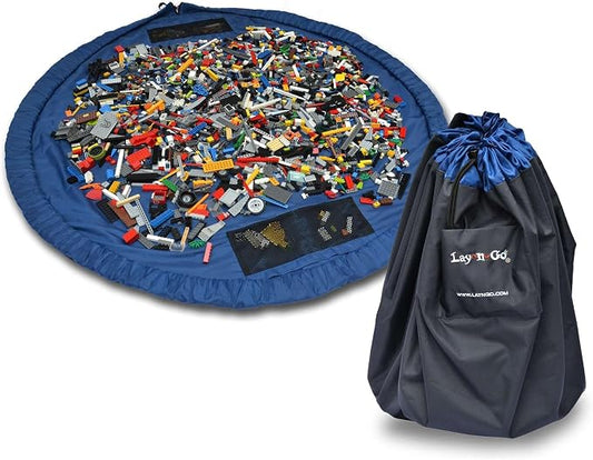 Lay-n-Go Layflat Portable Drawstring Cinch Storage Toy & Mini Figures Organizer & Play Mat, Mesh Pockets, Home & Travel, Kids & Toddlers Playdates, 2 Straps for Backpack, Durable, Machine Washable by Lay-n-Go
