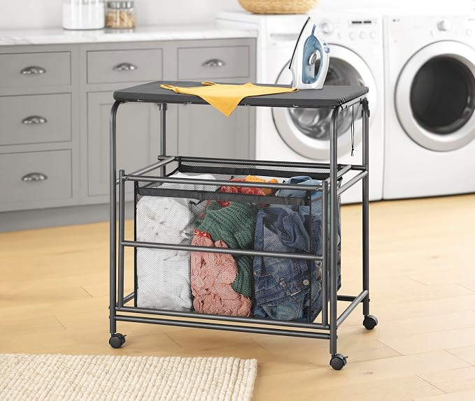 Whitmor Triple Laundry Sorter with Ironing & Folding Table - Rolling Laundry Sorter with Ironing Table - Gunmetal by Whitmor