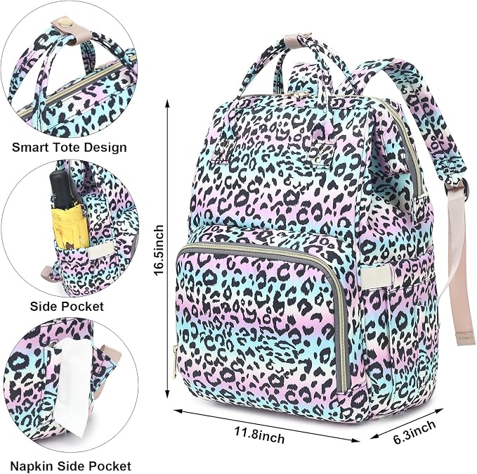 Leopard Baby Diaper Bag Backpack for Women, Large Capacity Waterproof Maternity Travel Nappy Backpacks with Stroller Straps - Image 6
