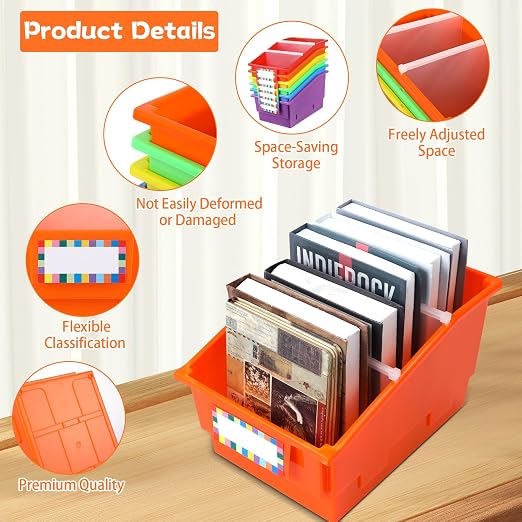 6 Pack Picture Book Bins with Dividers Plastic Book Holders with Labels Stackable Classroom Organization Bins Magazine File Binder Holder Storage Container for Classroom Library Home Office(Colorful) - Image 3