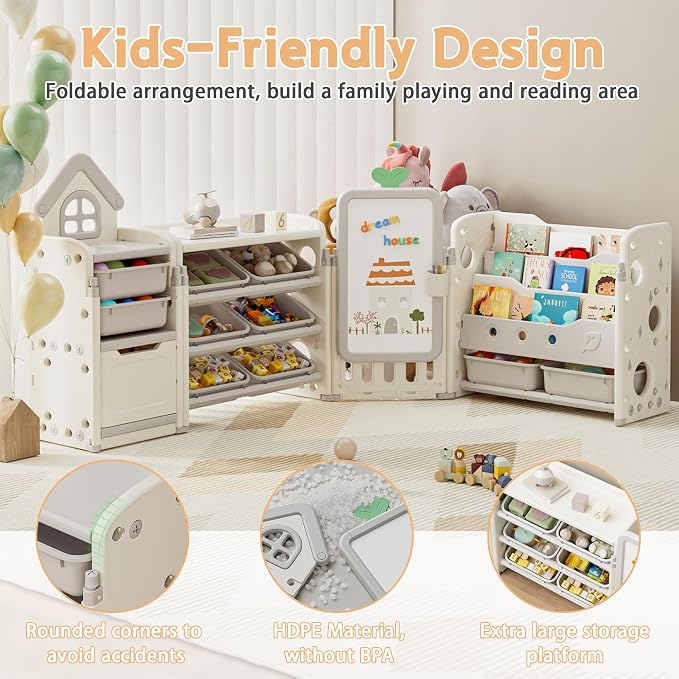 Kids Toy Storage Organizer with 10 Removable Bins, Foldable Toy Organizers and Storage with 3-Tier Bookshelf for Kids Toy Storage Organizer with Drawing Board, Extra 3 Brushes (4 In 1 Off-white) - Image 3