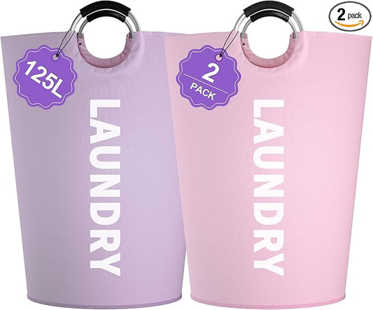 2Pack 125L Extra Large Laundry Baskets, Collapsible Laundry Hamper with Soft Handles, Dirty Clothes Basket in 600D Oxford Fabric, Sturdy Clothes Hampers for Travel, Family, Purple + Pink by IHOMAGIC