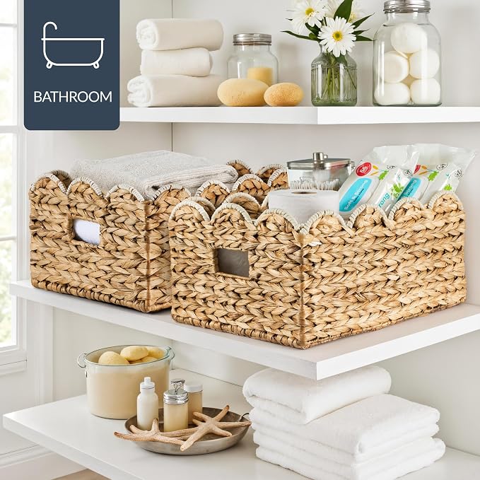 Best Choice Products 16x12 Scalloped Shelf Baskets, Woven Storage Bins, Storage Organizers for Pantry, Living Room, Bedroom, Nursery & Laundry, 2 Pack - Natural with White Trim - Image 5