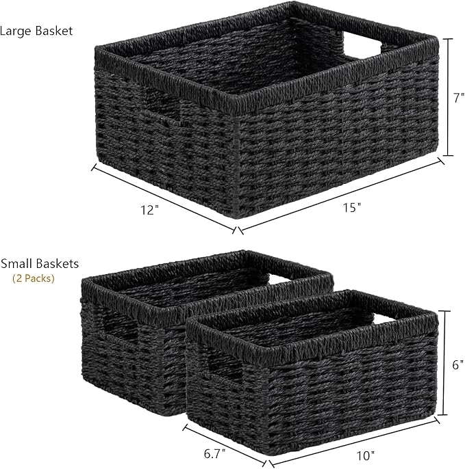 Wicker Storage Basket, Set of 3 Wicker Basket, Hand-Woven Paper Rope Storage Baskets for Organizing, Large Cube Storage Organizer Bins Baskets for Shelves Small Toilet Paper Baskets, Black - Image 2