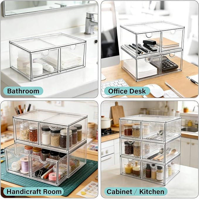 Prsildan 6 Small Drawers Stackable Storage Drawer Clear Acrylic Organizer | Makeup Organizers, Vanity Bathroom Kitchen Cabinets Under Sink Home Organization, 3 Pack - Image 4
