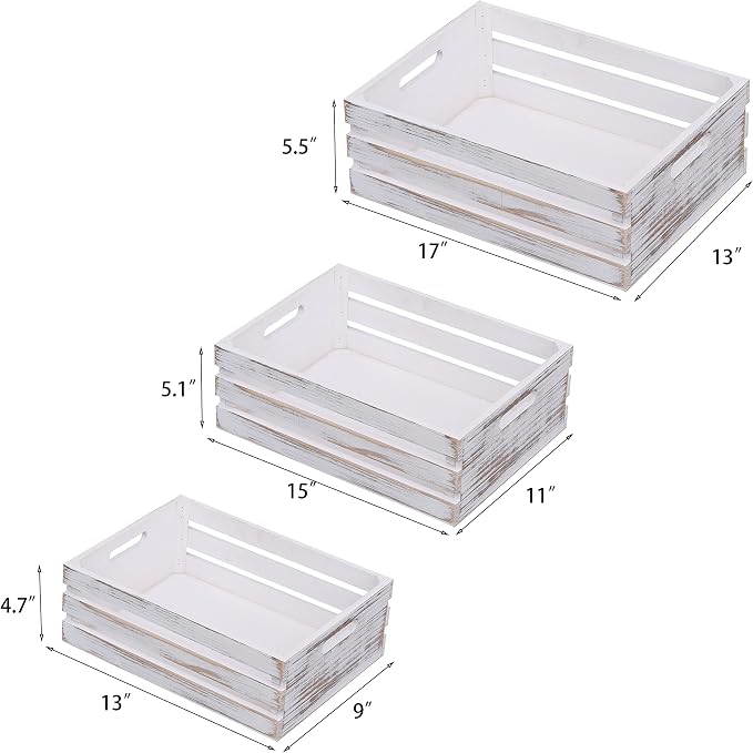 Large Size Wood Crates For Storage,Decorative Vintage White Wooden Crates For Display,Handmade Solid Wood Boxes,Set Of 3 Rustic White Wooden Crate. (vintage white) - Image 2