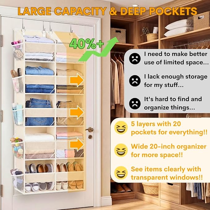 Over the Door Organizer 5 Tiers,Extra Large Behind Door Storage of 10 Compartments,80 lbs Weight Capacity Over the Door Storage, Door Hanging Organizer for Closet, Diaper Organizer, Beige - Image 2