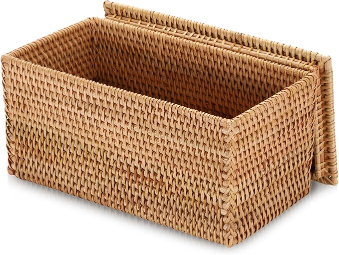 Hipiwe Rattan Basket Storage Box with Lid Handwoven Lidded Wicker Baskets | Decorative Baskets Bin Rectangular Household Baskets for Shelf Organizing Home Decor, 11.8"Lx6.2"Wx6.1"H by Hipiwe