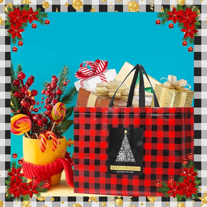 Colarr 18 Pcs Extra Large Christmas Tote Bags with Handle Christmas Gift Bag Non Woven Red Black Buffalo Plaid Waterproof Reusable Bag for Winter Xmas Holiday Wedding Party Supplies, 16.5''x 13 "x 7'' - Image 6