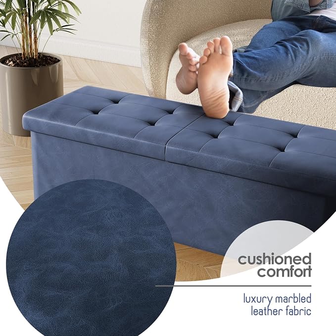 Storage Ottoman Bench with Bins, 43-in Storage Bench for Bedroom End of Bed, Folding Foot Rest Ottoman for Living Room Max 660lbs, Leather Ottomans, Blue - Image 8