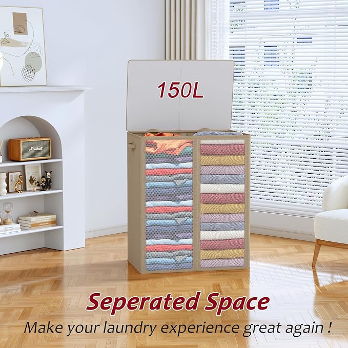 150L Laundry Hamper 2 Section, Large Laundry Hamper with Lid, Dirty Clothes Hamper with 2 Removable Inner Bags, Collapsible Laundry Basket Organizer for for Clothes Toys Towels, Hamper 2 Compartment - Image 5