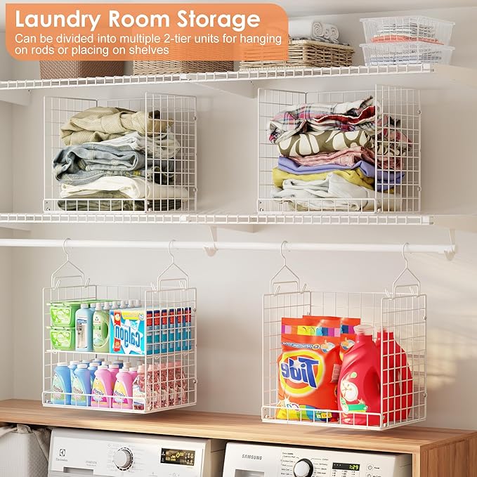 8 Tier Extended Width Hanging Closet Organizer, Sweater Storage for Closet Organizer System, Stackable Wire Basket Bins for Clothes Purse Shoes, Hanging Shelves with 4 Hooks & 4 Dividers Adjustable - Image 2