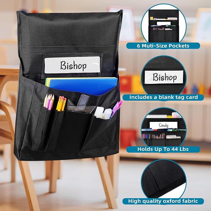 12 Pcs Classroom Chair Pockets, 14.5‘’ W x 18.5‘’ H Black Chair Pockets For Classroom, Seat Sacks for Classroom Chairs, Buddy Pocket, Chart Seat Back Organizer with Name Tag - Image 3