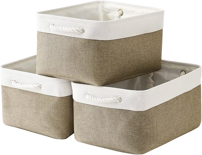 Storage Basket for Organizing - 16x12x8 inch Large 3 Pack Collapsible Storage Bin for Shelves with Handles, Fabric Storage Cubes for Organizer Cloth Gift Toy Closet (Whiet & Khaki) by TheWarmHome